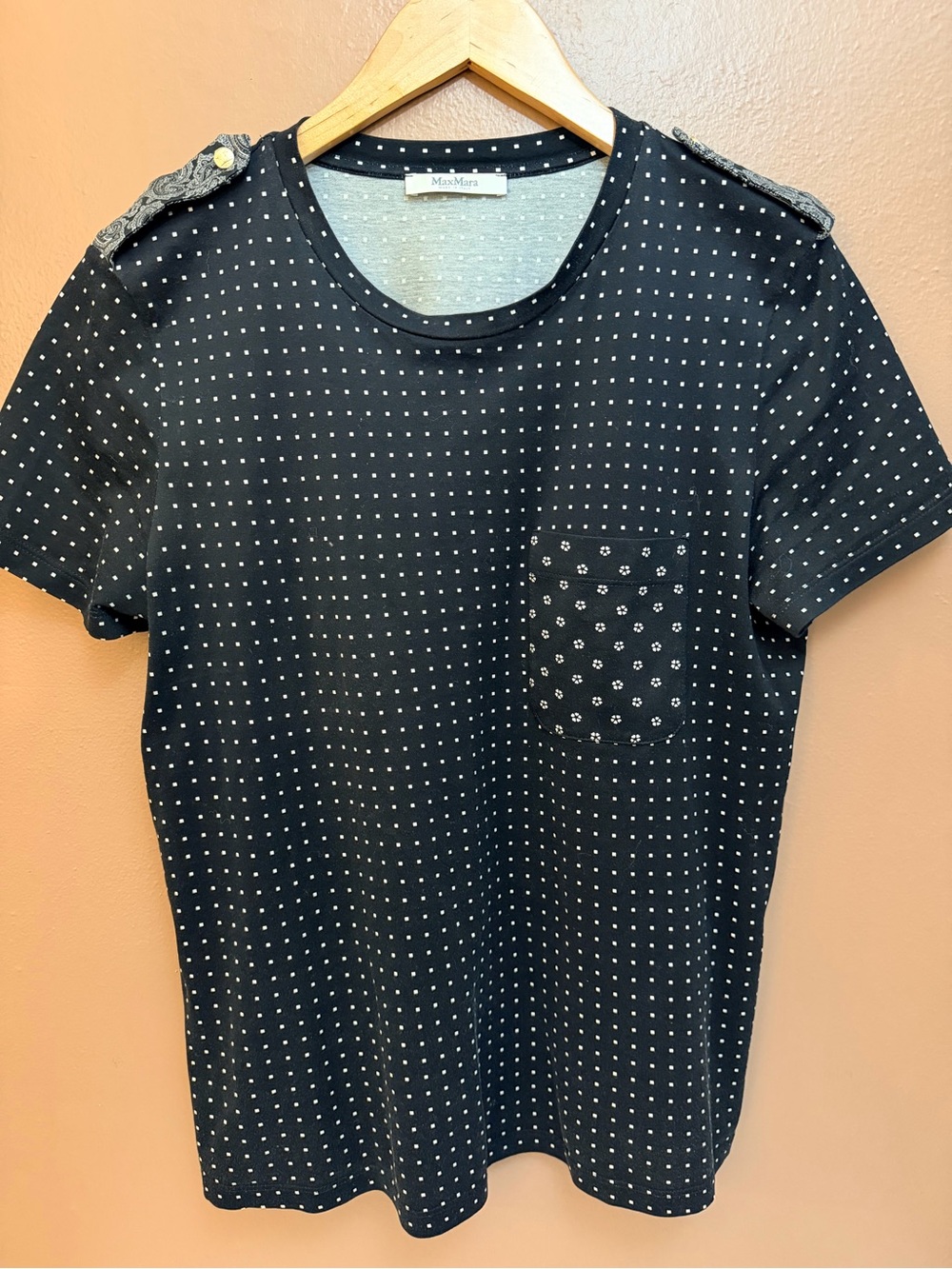MaxMara Navy/White Polka Dot Round Neck Pocket Tee Button Accent Size M